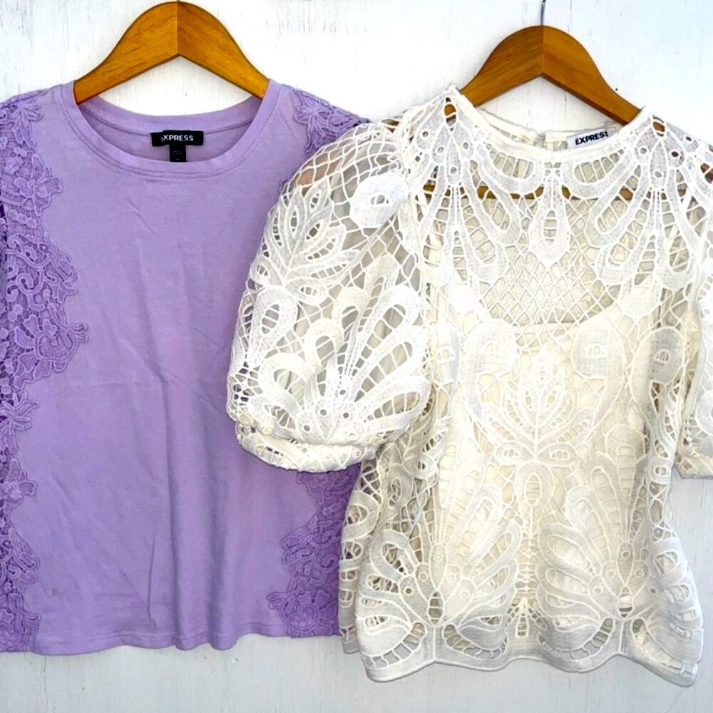 EXPRESS Top Bundle Ivory Puff Sleeve Blouse & Purple Lace Knit Top Size XS